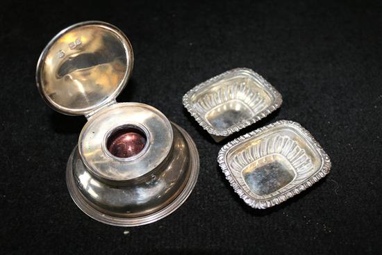 Pair of silver salts and silver inkwell